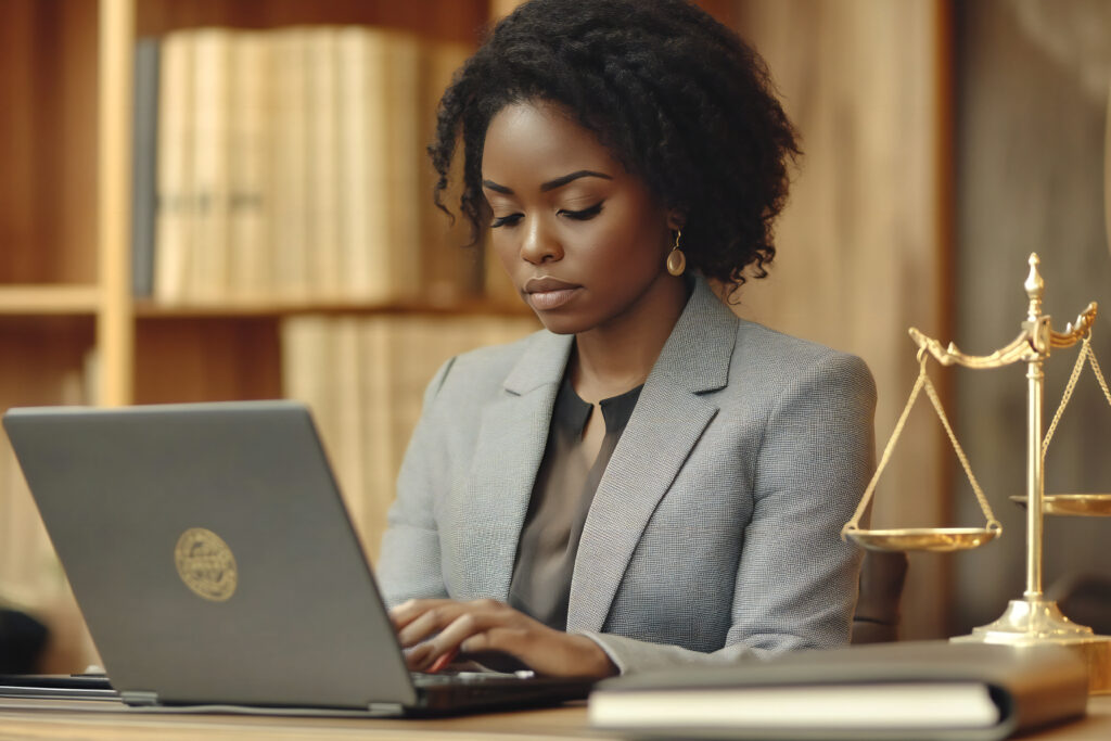 professional female lawyer reviewing legal documents law office with scales justice busine