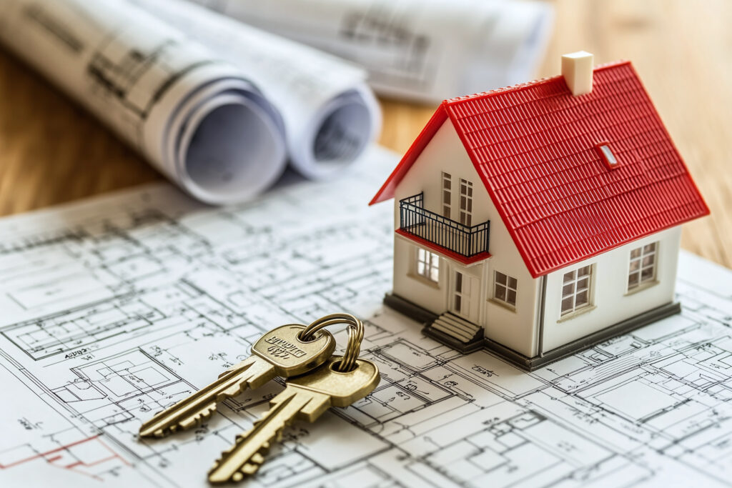 real estate concept house model architectural blueprint with keys symbolizing homeownership